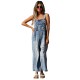 Autumn Solid Color Denim Strap Ripped Cropped Jumpsuits