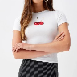 Women Fashion Casual Cherry Printed Round-Neck Short-Sleeve T-Shirt
