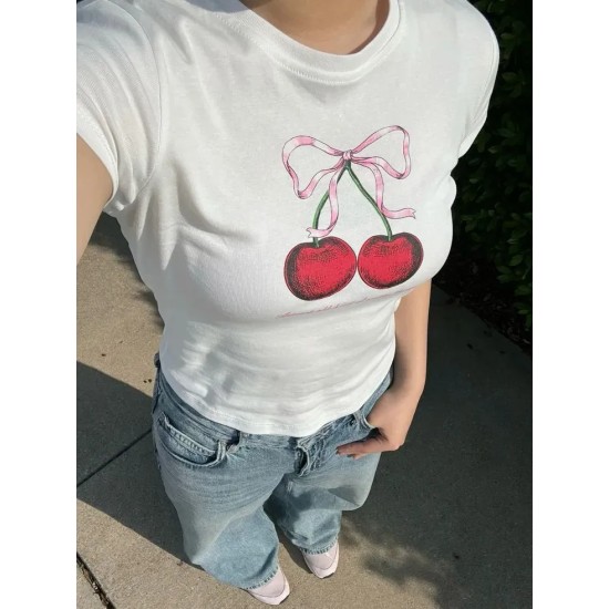 Women Fashion Casual Cherry Printed Round-Neck Short-Sleeve T-Shirt