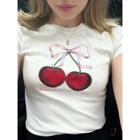 Women Fashion Casual Cherry Printed Round-Neck Short-Sleeve T-Shirt