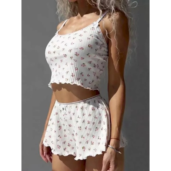 Women Fashion Sexy Floral Printed Sleeveless Camisole Loose Shorts Pajamas Two-Piece Set