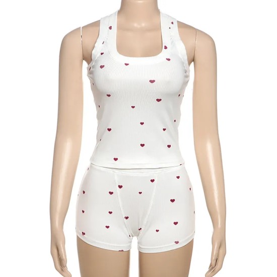 Women Fashion Sexy Love Printed Round Neck Sleeveless Tank Top Tight Shorts Pajamas Two-Piece Set