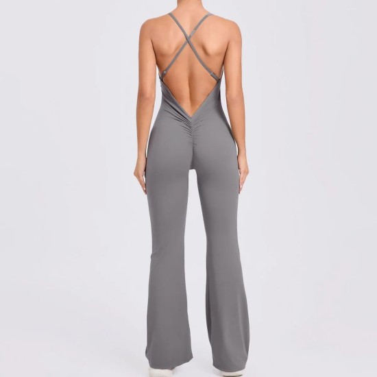 Adjustable Shoulder Strap Flared Yoga Sports Fitness Hollow Jumpsuits