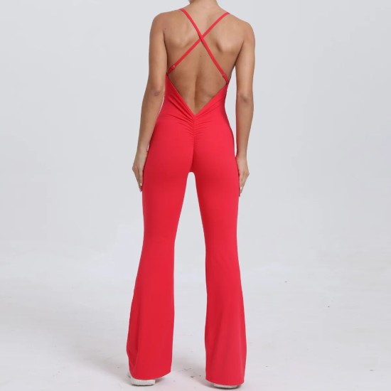 Adjustable Shoulder Strap Flared Yoga Sports Fitness Hollow Jumpsuits