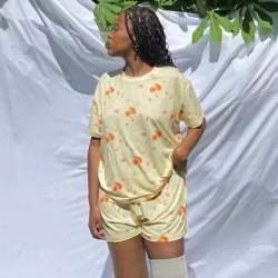 Women Fashion Casual Printed Short-Sleeve T-Shirt Loose Shorts Pajamas Two-Piece Set