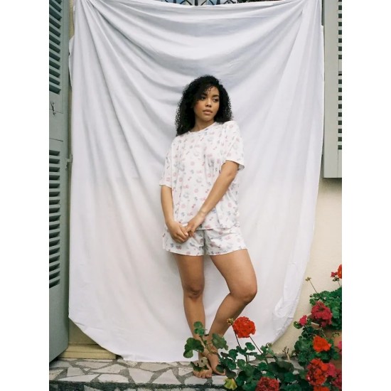 Women Fashion Casual Printed Short-Sleeve T-Shirt Loose Shorts Pajamas Two-Piece Set