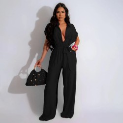 Women Fashion Casual Solid Color Lapel Short-Sleeve Pocket Jumpsuits