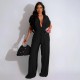 Women Fashion Casual Solid Color Lapel Short-Sleeve Pocket Jumpsuits