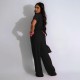 Women Fashion Casual Solid Color Lapel Short-Sleeve Pocket Jumpsuits