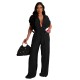 Women Fashion Casual Solid Color Lapel Short-Sleeve Pocket Jumpsuits