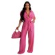 Women Fashion Casual Solid Color Lapel Short-Sleeve Pocket Jumpsuits