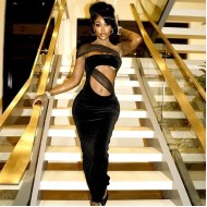 Women Fashion Stitching Slant Shoulder Tube Top Backless Sexy Slim Fit Cut Out Dress