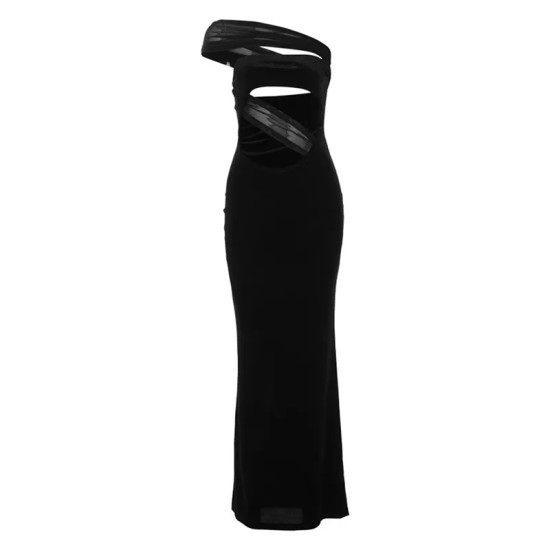 Women Fashion Stitching Slant Shoulder Tube Top Backless Sexy Slim Fit Cut Out Dress