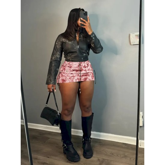 Women Fashion Sexy Printed Pleated Drawstring Pocket Skirt
