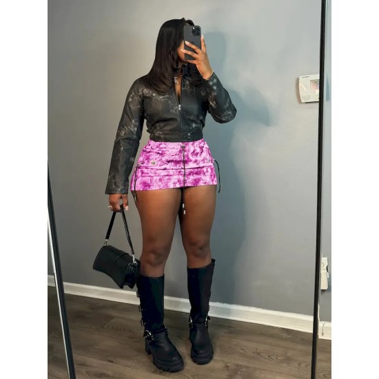 Women Fashion Sexy Printed Pleated Drawstring Pocket Skirt